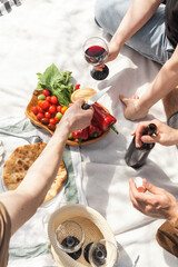 Group of friends and a child enjoying a picnic outdoors. Sharing homemade food, drinks, and playing games on a sunny day. Warm emotions, connection, and authentic lifestyle