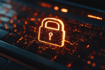 Glowing padlock icon on a laptop screen indicating enhanced cybersecurity measures, A glowing padlock icon on a laptop screen, symbolizing digital security and data protection