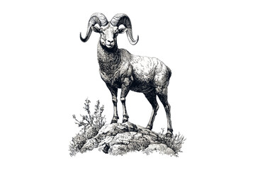 Vintage Wild Goat Illustration, Engraving of Bighorn Sheep on Mountain Cliff, Retro Animal Sketch, Rustic Wildlife Print, Monochrome Nature Art, Black and White Engraving Style
