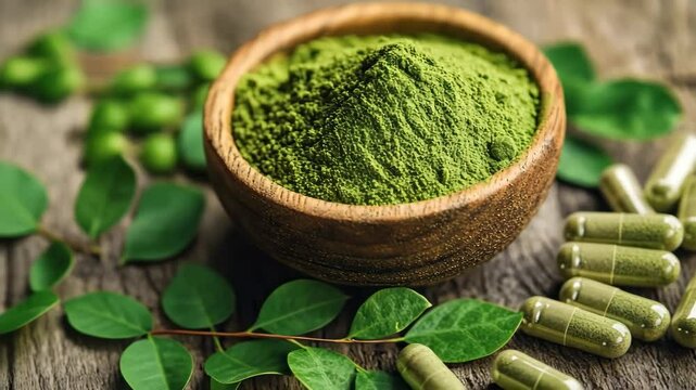Moringa powder in wooden bowl and capsules with fresh moringa leaves on wooden table