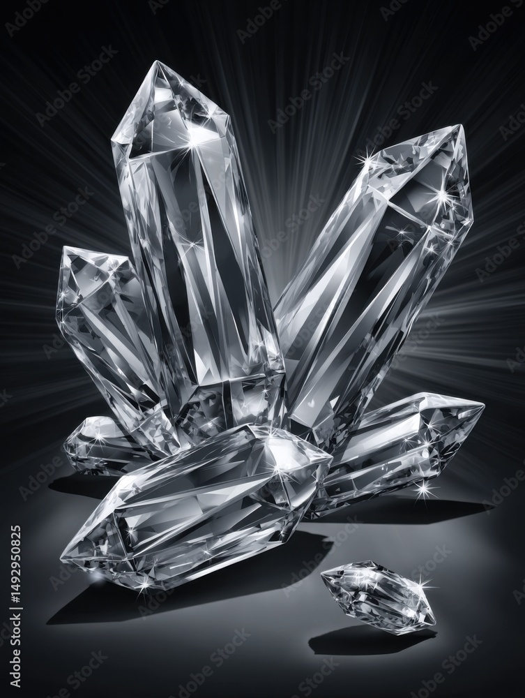 Poster sparkling crystal cluster on dark background with light rays studio shot close up mineral formation