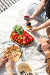 Group of friends and a child enjoying a picnic outdoors. Sharing homemade food, drinks, and playing games on a sunny day. Warm emotions, connection, and authentic lifestyle
