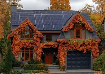 Autumn-colored house with solar panels