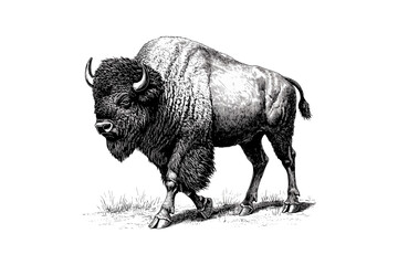 Vintage Bison Walking in Profile Engraving, Retro Wildlife Sketch, Antique Style Monochrome Etching, Old Illustration, American Mammal, Hand-drawn Sketch, Vintage Animal Art