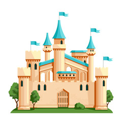 Obraz premium Majestic fantasy castle with blue rooftops and towers, flat graphic style, isolated on white background. Concept of fairy tale architecture. Vector illustration