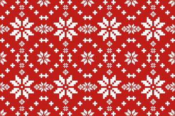 Christmas and New Year seamless pattern. White snowflakes and Christmas tree on red pixel pattern for winter hat,jumper,sweater, wrapping,fabric,border,rim,carpets, blankets, towels.