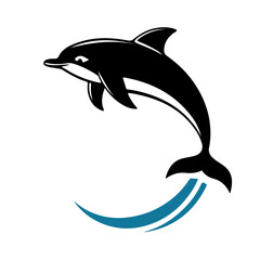 Dolphin logo in black silhouette, nautical emblem, ocean icon, sea animal, water symbol