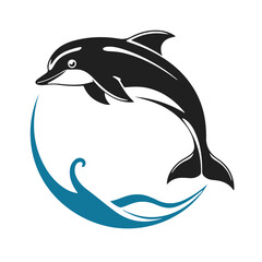 Obraz premium Dolphin logo in black silhouette, nautical emblem, ocean icon, sea animal, water symbol