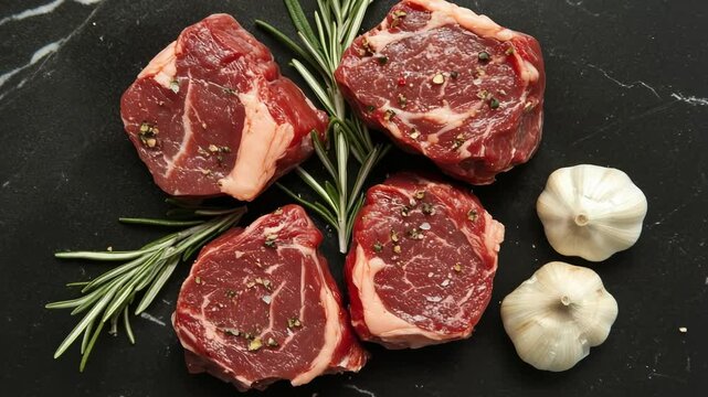 Raw beef steaks seasoned with peppercorns, garnished with rosemary sprigs and garlic bulbs, lie on a dark marble surface