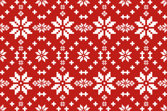 Christmas and New Year seamless pattern. White snowflakes and Christmas tree on red pixel pattern for winter hat,jumper,sweater, wrapping,fabric,border,rim,carpets, blankets, towels.