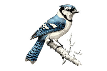 Retro Wildlife Drawing of Blue Jay Perched on Branch, Hand-drawn Bird Sketch, Vintage Monochrome Nature Art, Engraving, Antique Style, Trendy Forest Bird, Ornithology Illustration