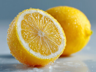 Close-up de uma metade de limão amarelo suculento sobre fundo branco, destacando textura, frescor e cor vibrante, ideal para temas de alimentação, saúde, culinária e naturalidade