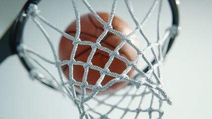 Close-up of basketball entering the net, detailed rim and net movement, clean white background, ideal for team training visuals or gym promotions