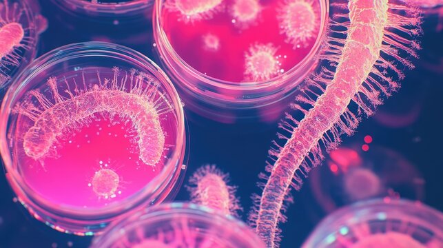 Petri dishes under magnification showing microbial growth patterns and gene mutation