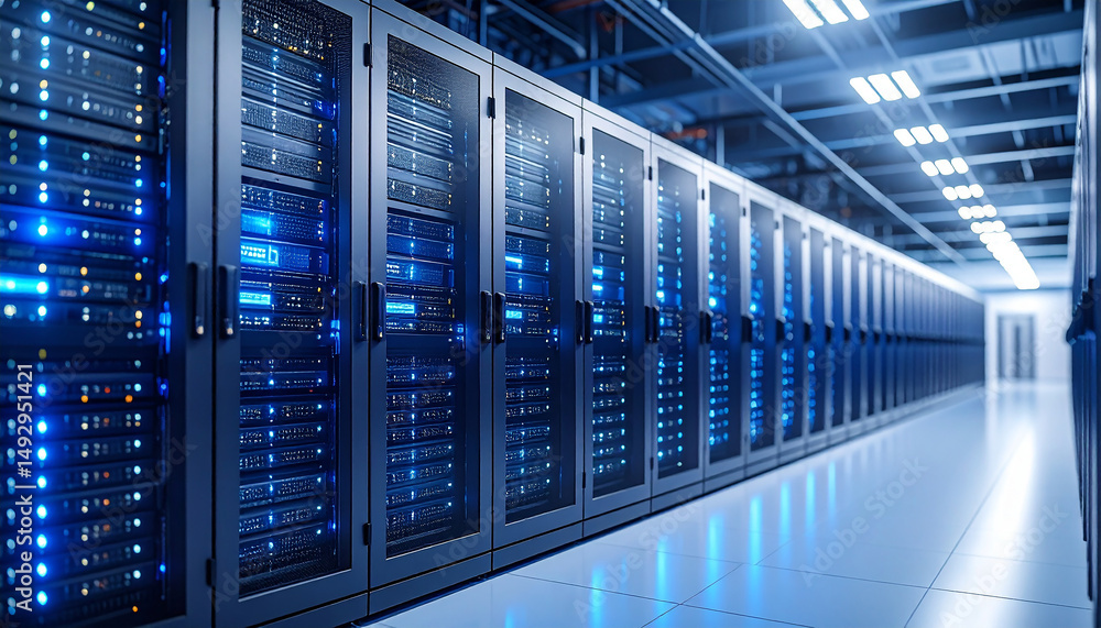 Poster data center server room: a high-tech server room, bathed in cool blue light, showcasing rows of powe