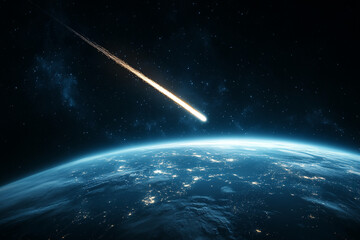Comet headed for earth partial view of earth against a dark universe