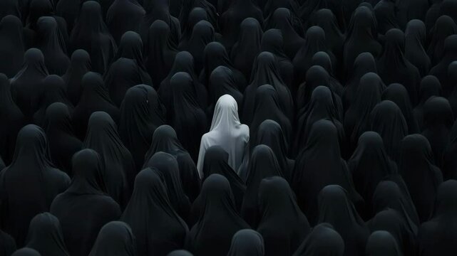 Woman in white stands out among crowd of people in black robes. Individuality, difference and standing out from the crowd concept.