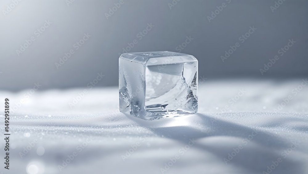 Poster melting ice cube on a smooth surface during natural light conditions in a calm environment