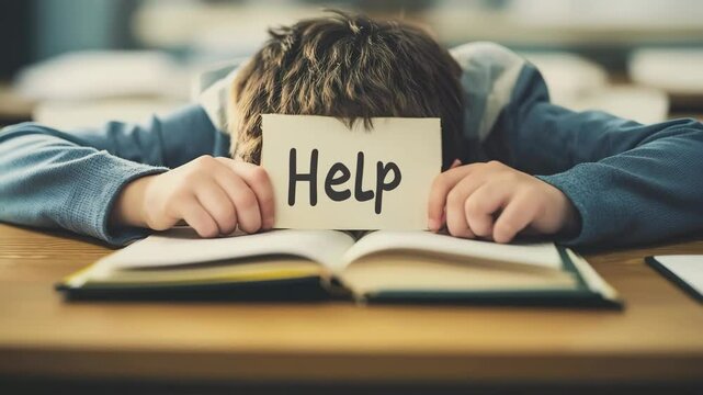 Exhausted pupil lying on books with help sign