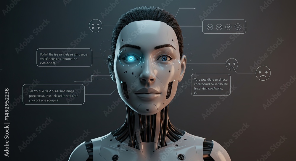 Poster futuristic portrait of a female robot with displayed emotional and data interfaces