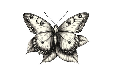 Vintage Butterfly Engraving on Leaf, Hand-drawn Retro Insect Art, Black and White Illustration, Old Etching Style, Trendy Garden, Nature Prints, Wildlife Art