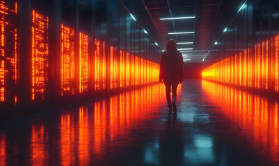 Person walking in a futuristic corridor with bright orange glowing panels reflecting on the polished floor