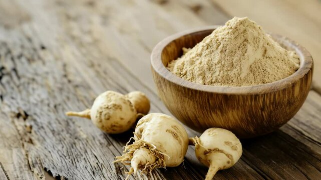 Wooden bowl full of maca root powder and maca roots on rustic wooden table