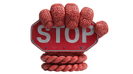 Stop sign with brain fist concept art for awareness and prevention campaign against neurological diseases on transparent background