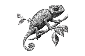 Retro Wildlife Etching, Vintage Chameleon Illustration, Lizard Climbing Tree, Monochrome Reptile Sketch, Trendy Engraving Art, Colorful Hand-drawn Creature © Vintage Studio