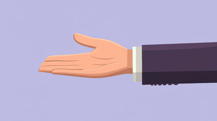 Illustration of an open hand in a suit sleeve, extended forward as if offering a handshake, on a light purple background.