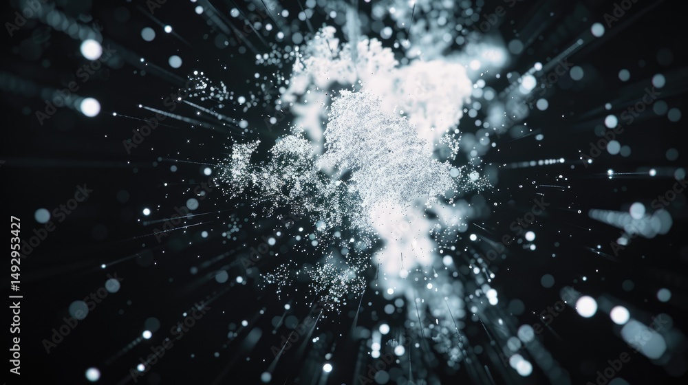 Poster a stunning visual of exploding white spheres emitting neon light against a black background, creatin