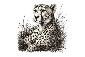 Black Sketch of Cheetah Lying in Grass, Hand-drawn Wild Cat Etching, Old Engraving Style, Vintage Safari Illustration, Wildlife Line Art, Animal Lover Print, nature poster, retro art,