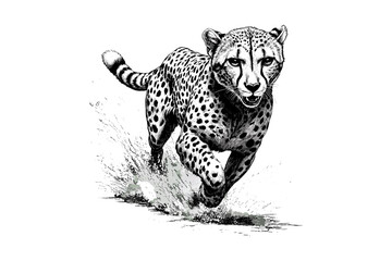 Wild Cheetah Engraving, Fast Predator Black Sketch, Monochrome Safari Illustration, Nature Line Art, Vintage Etching, Detailed Wild Animal Drawing, Trendy Animal Print