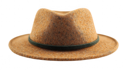 Traditional brown felt hat with green band isolated on PNG transparent background