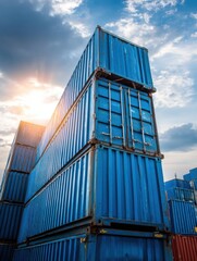 Stacked shipping containers at port under blue sky with clouds low angle shot for global trade and logistics