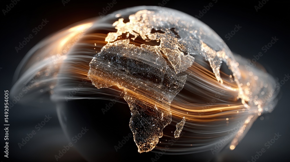 Poster holographic globe representing data streaming between countries