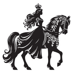 silhouette of a princess riding a horse, editable vector image