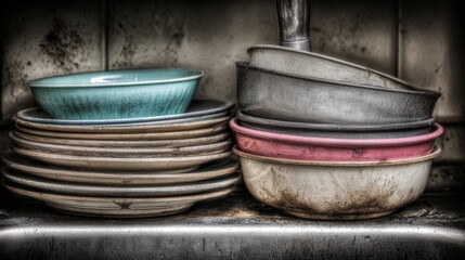 Fototapeta premium Stack of Dirty Dishes in Kitchen Sink Close Up Still Life Moody Lighting Plates and Bowls in a Pile