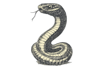 Fototapeta premium Vintage Cobra Engraving, Hand-drawn Snake with Spread Hood, Antique Etching Style Illustration, Retro Wildlife Art, Monochrome Nature Sketch, serpent artwork, exotic reptile drawing