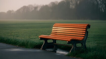 Obraz premium Wooden park bench in morning fog with green field and atmospheric landscape background