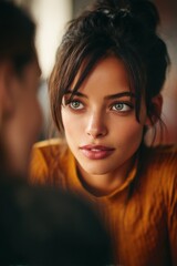 Fototapeta premium Woman With Green Eyes Looking Away in a Meeting, Depicting Collaboration and Corporate Communication : Generative AI