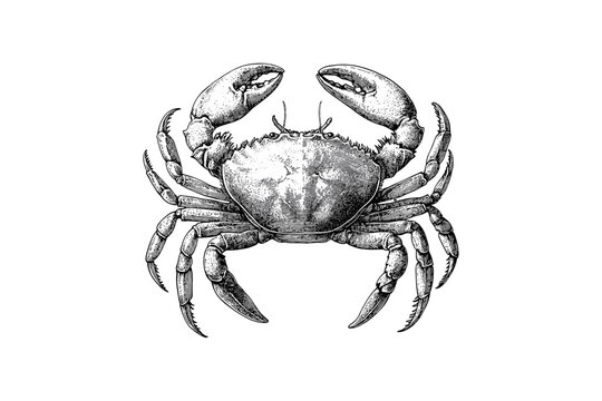 Naklejki Hand-drawn Crab Illustration, Vintage Sea Life Print, Old Engraving Style, Rustic Ocean Animal Sketch, Monochrome Marine Crustacean Art, antique marine life drawing, black line art,