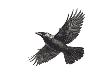 Monochrome Crow in Flight Engraving, Rustic Fauna Drawing, Vintage Ornithology Etching, Black Line Art, Hand-drawn Bird Illustration, Home Decor, Trendy Retro Style