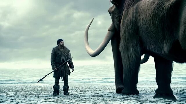 Prehistoric Hunter and Woolly Mammoth in an Icy Landscape Scene