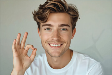 A young man with fair skin and light brown hair smiles directly at the camera, making an okay gesture with his hand while wearing a white t-shirt.