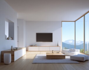 Modern living room interior with mountain view