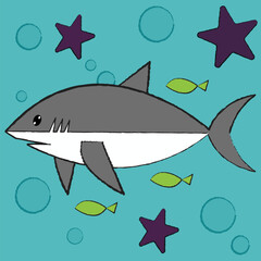 Vector cartoon image of predatory fish. Funny cute shark, children's pencil drawing style.
