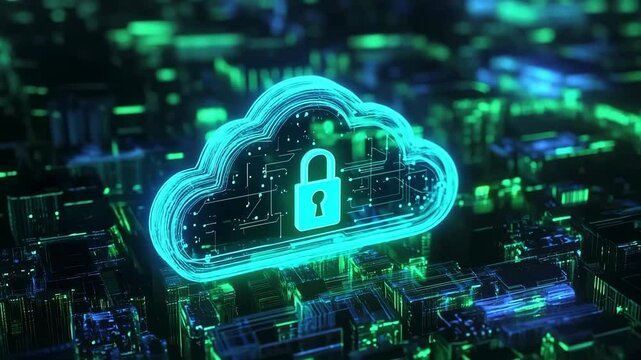 Cloud security concept with a glowing digital padlock hovering over a futuristic circuit board