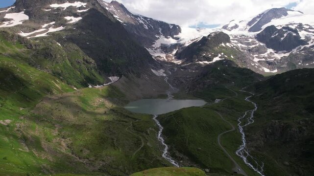 Aerial view of the Steinsee lake, situated at the Susten Pass in the canton of Bern in Switzerland