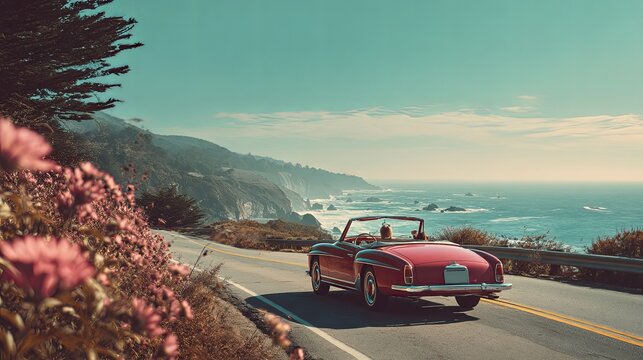 Red Convertible Car Driving on Road - Stock Photo